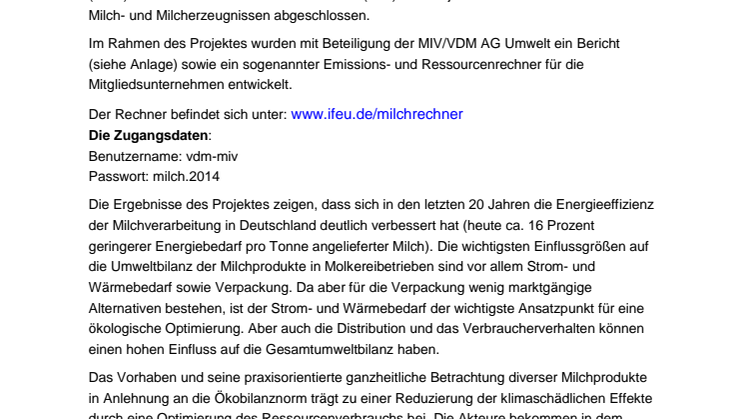 Umweltbilanz von Milch und Milcherzeugnissen erstellt:  Bericht und Zugang zu dem Emissions- und Ressourcenrechner