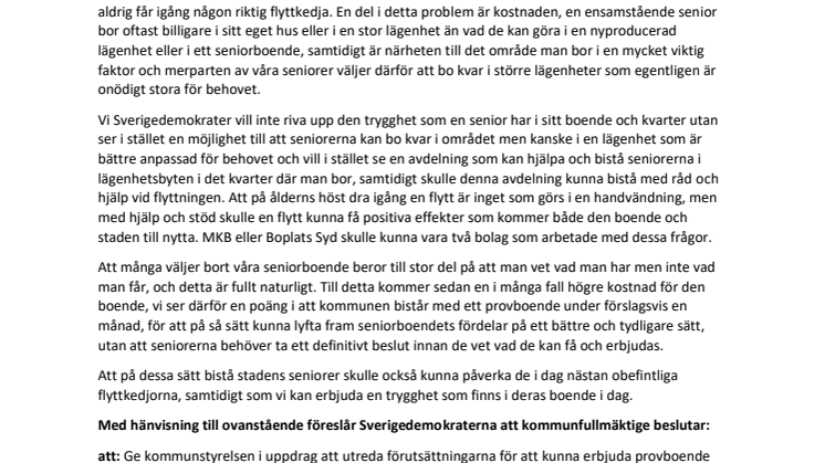 SD lämnar in motion om att bistå seniorer med flytt