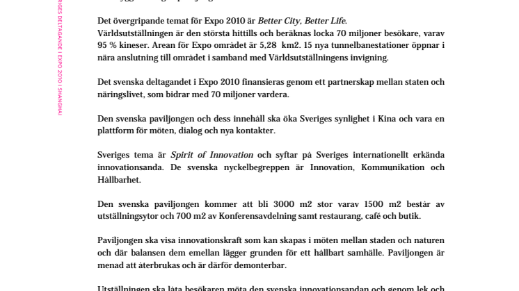Faktablad: Sveriges deltagande på Expo 2010