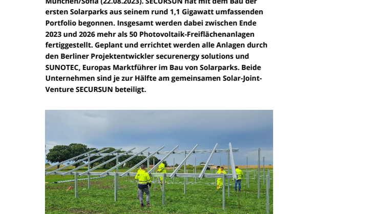 Pressemitteilung: Spatenstich für 1,1-Gigawatt-Portfolio: SECURSUN beginnt mit Bau der ersten Solarparks