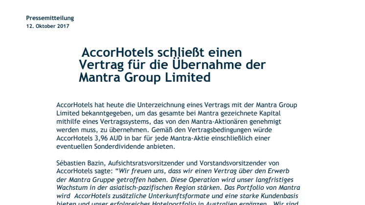 AccorHotels schließt einen Vertrag für die Übernahme der Mantra Group Limited