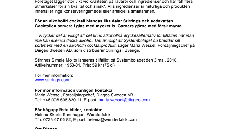 Alkoholfri nyhet till Systembolaget - Stirrings lanserar “Simple Mojito” cocktail 