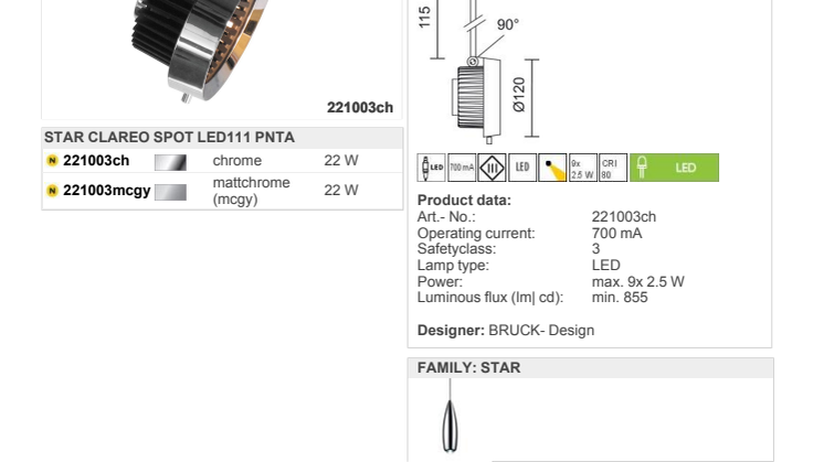 Produktblad Bruck Star Clareo LED111 som pdf.