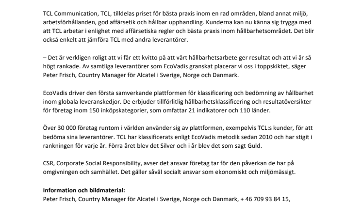 TCL Communication får högsta betyg för hållbarhetsarbete av EcoVadis 