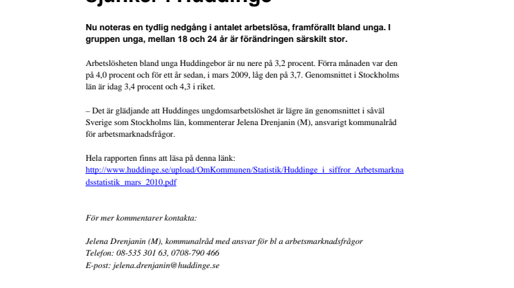 Ungdomsarbetslösheten sjunker i Huddinge 