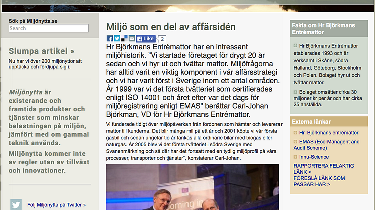 Hr Björkmans blir uppmärksammade av miljönytta.se