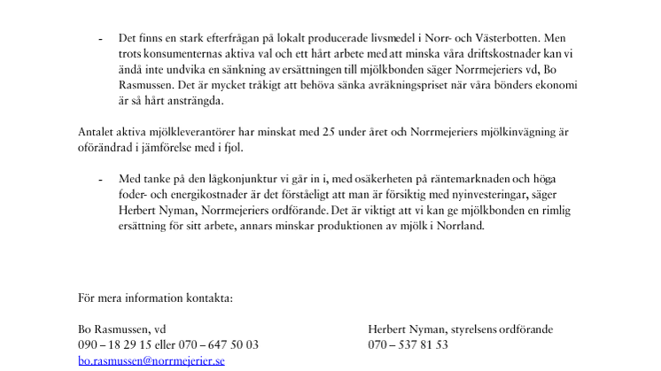 Norrmejerier sänker avräkningspriset med 10 öre 