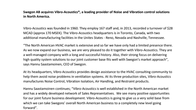 Swegon acquires Vibro-Acoustics®