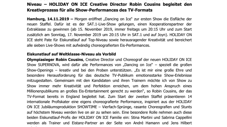 Proben-Countdown für ein spektakuläres TV-Show-Opening: 10 Prominente, 10 Profi-Trainer und 14 internationale Showskater von HOLIDAY ON ICE zelebrieren Eröffnungs-Performance