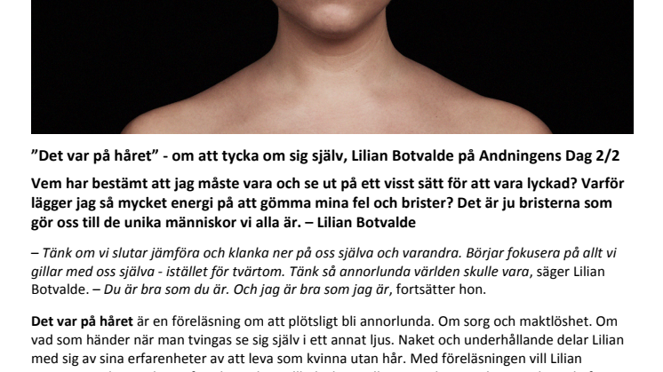 ”Det var på håret” - om att tycka om sig själv, Lilian Botvalde på Andningens Dag 2/2