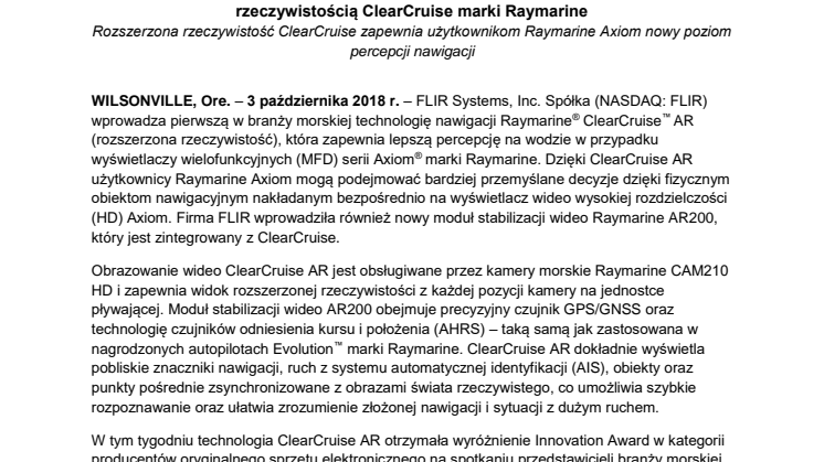 Raymarine: FLIR dostarcza pierwszą w branży morskiej technologię nawigacji z rozszerzoną rzeczywistością ClearCruise marki Raymarine
