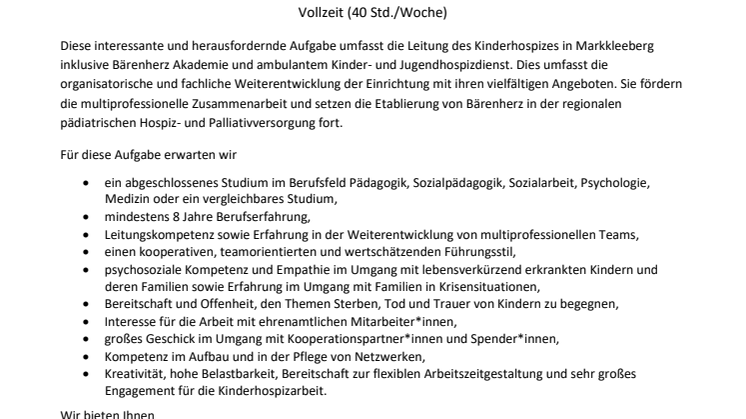 Stellenausschreibung: Hospizleitung (m/w/d) in Vollzeit (40 Std./Woche)