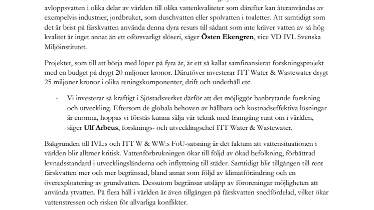 IVL och ITT W & WW satsar 45 miljoner på återanvändning av avloppsvatten