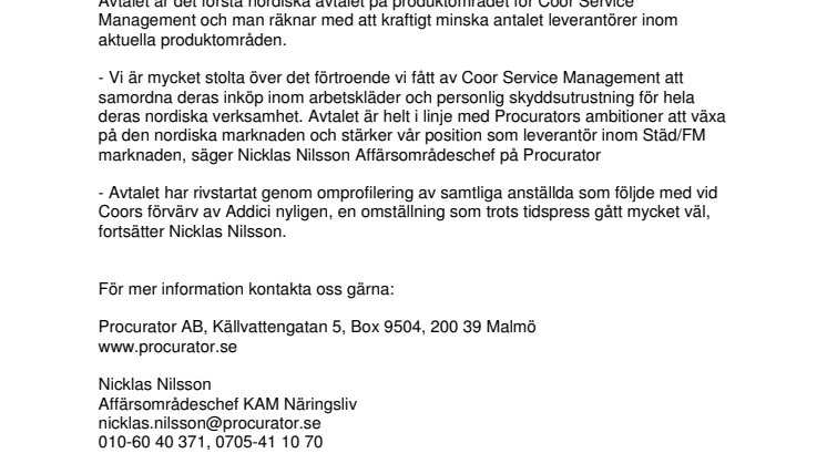 Procurator tecknar nordiskt avtal med Coor Service Management
