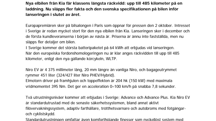 Kia Niro EV kommer 485 km på en laddning