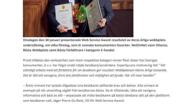 NetOnNet kammade hem två priser i Web Service Award 2018