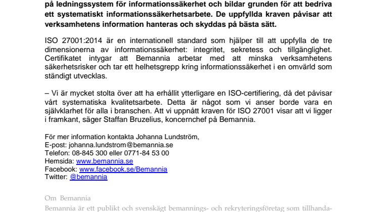 Bemannia ISO-certifierad för informationssäkerhet