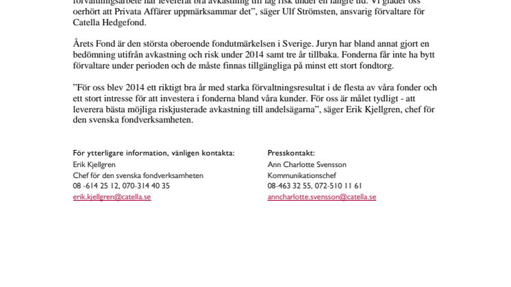 Catella fond utses till Årets Hedgefond