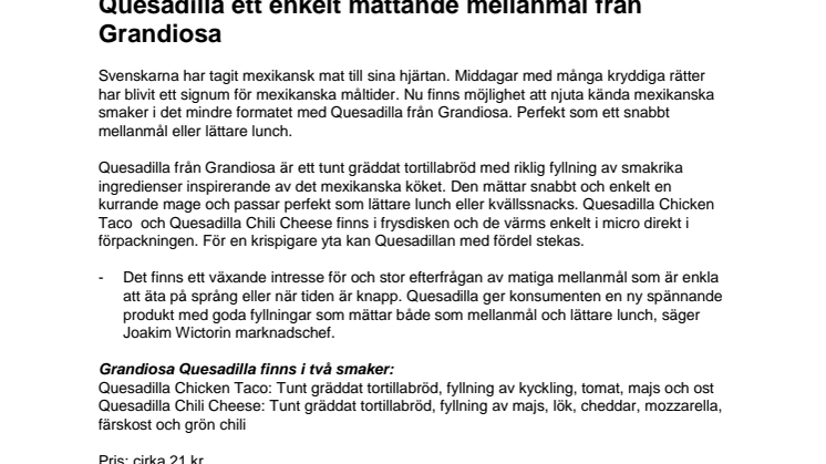 Quesadilla ett enkelt mättande mellanmål från Grandiosa 