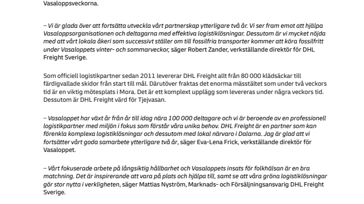 DHL förnyar avtalet som officiell logistikpartner för Vasaloppet med fokus på fossilfria transporter