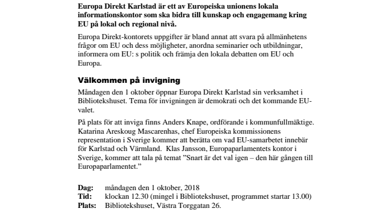 Pressinbjudan: Välkommen till invigning av Europa Direkt Karlstad