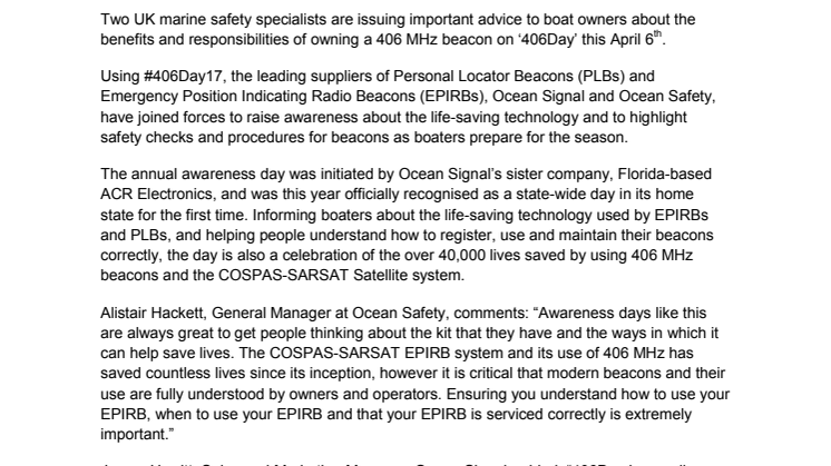 Marine Safety Specialists Join Forces to Raise Beacon Awareness on ‘406day’