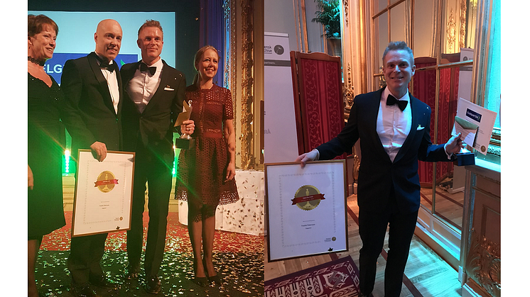 Ann-Charlotte Sammer och Gerton Jönsson från Azets, Fredrik Peterson från Elgiganten samt Anne Nordberg från McDonalds vid prisutdelningen av "Årets CFO".