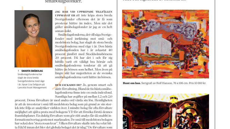 SvD, A Perfect Guide, "Dyra småbolagsfonder klår billiga storfonder, krönika av Lisa Seligson, 19 oktober 2013