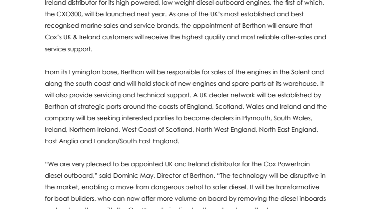 Cox Powertrain: Berthon Appointed Sole UK and Ireland Distributor for Cox Powertrain