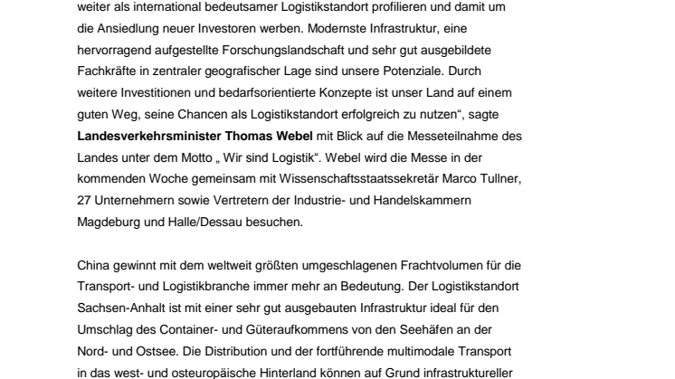 Sachsen-Anhalt auf der internationalen Leitmesse für Logistik und Mobilität in Shanghai