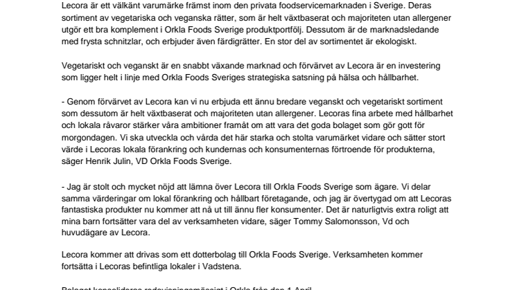 Orkla Foods Sverige köper Lecora