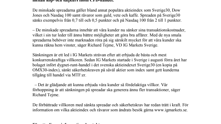 Nu billigare att handla aktieindex och råvaror – IG Markets minskar spreadar till rekordlåg nivå