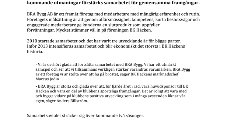 BRA Bygg AB bygger vidare tillsammans med BK Häcken