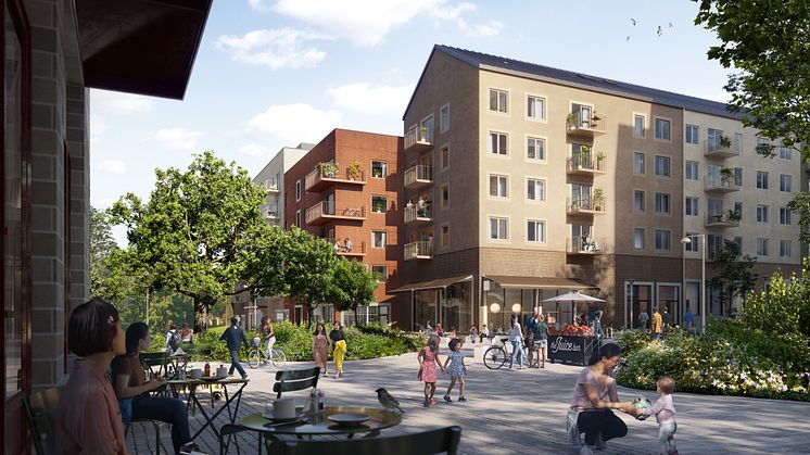 Visionsbild över Älta Torg och kvarter 1. Visualisering Zynka visuals. Arkitekt Semrén & Månsson.