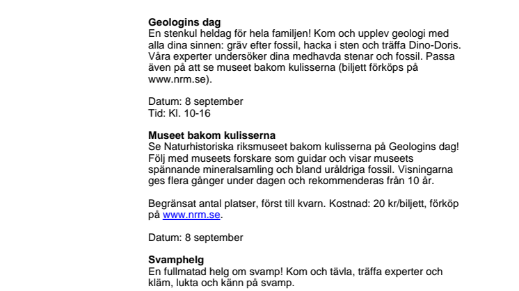 Det händer på Naturhistoriska riksmuseet i september