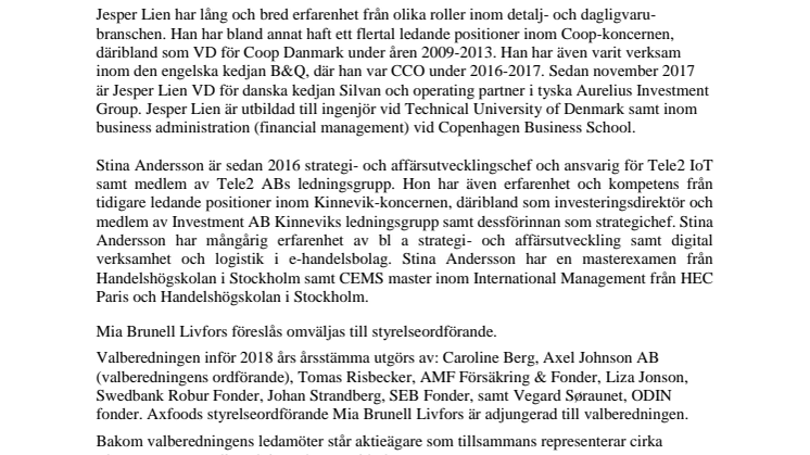 Valberedningens förslag till styrelse i Axfood