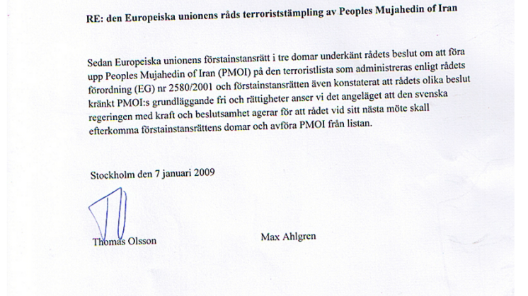 Advokat Thomas Olsson uppmanar regeringen att avföra PMOI från EU:s terrorlista
