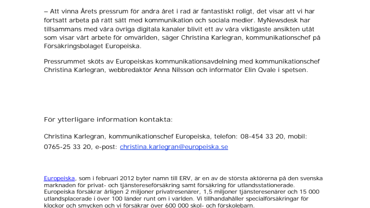 Europeiska vinner titeln årets pressrum för andra året i rad