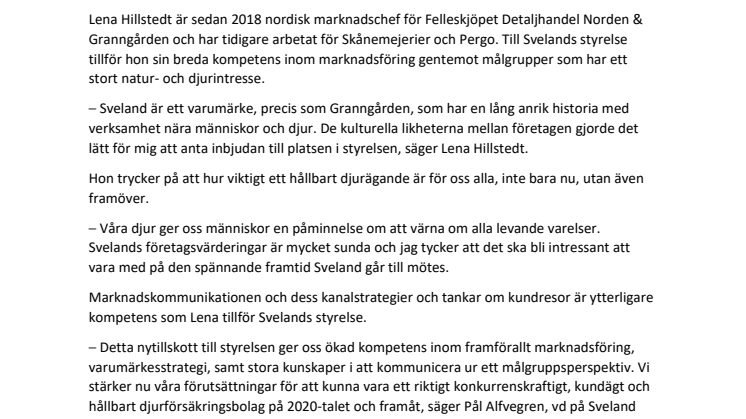 Sveland Djurförsäkringar förstärker styrelsen med Lena Hillstedt