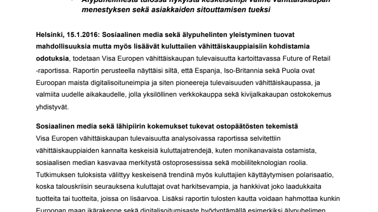 Visa Europen raportin mukaan sosiaalista mediaa ja älypuhelinta hyödynnetään yhä enemmän ostosten tekemisen tukena