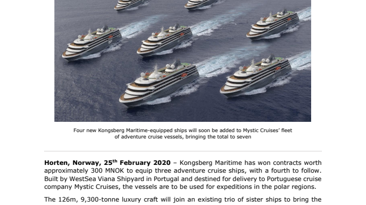 Kongsberg Maritime to supply propulsion and control systems for an additional four new vessels for Mystic Cruises