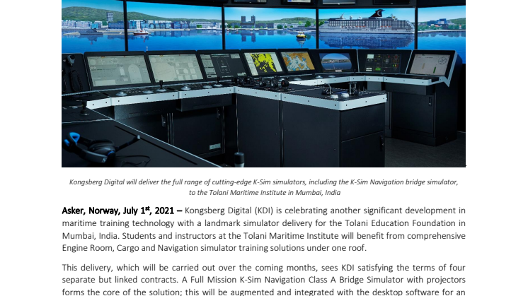 Milestone contracts see Kongsberg Digital delivering multiple simulators to Tolani Maritime Institute in India