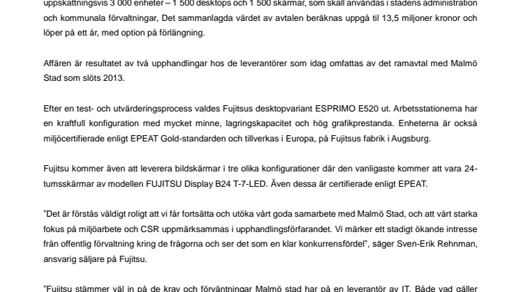 Malmö Stad väljer Fujitsu för desktops och skärmar