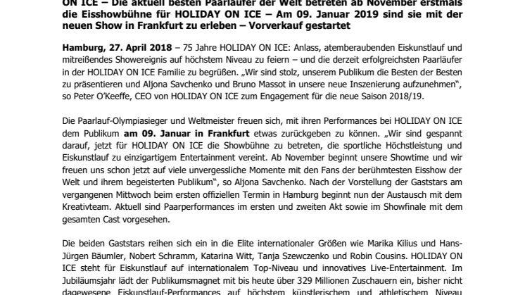 Paarlauf-Olympiasieger und Weltmeister Aljona Savchenko und Bruno Massot am 09. Januar 2019 mit HOLIDAY ON ICE in Frankfurt