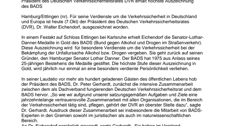 Danner-Medaille in Gold für Dr. Walter Eichendorf