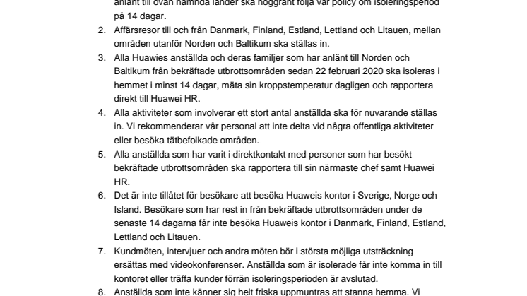 Huawei uppdaterar rekommendationer kring Corona-virus, 2020-03-08