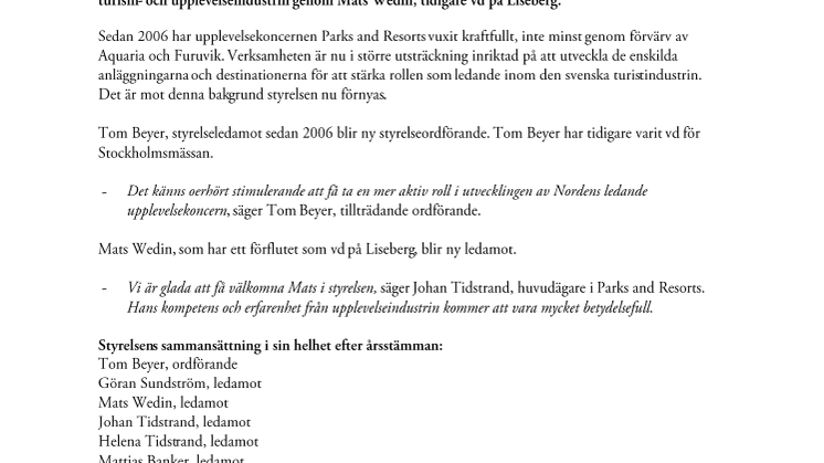 Parks and Resorts förnyar styrelsen