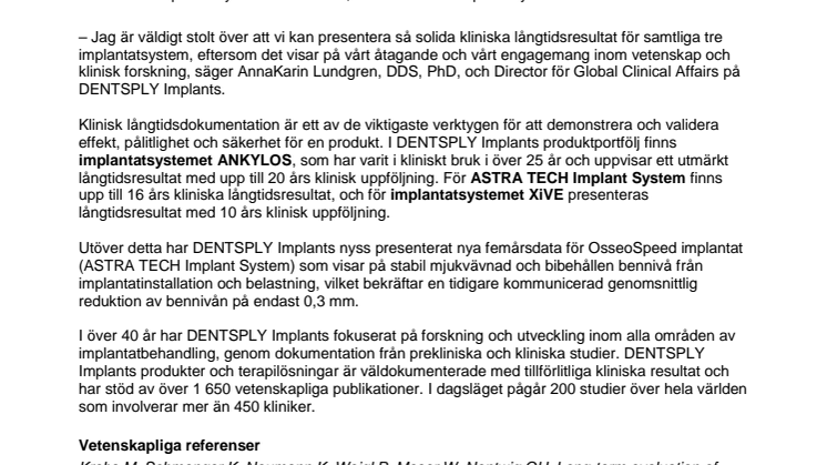 Långtidsdokumentation för DENTSPLY Implants samtliga implantatsystem