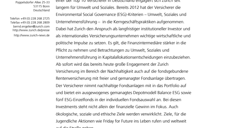 Nachhaltige Altersvorsorge: Zurich erweitert das Fondsangebot um ESG-Investmentfonds