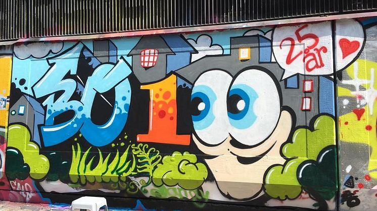 Graffittimåling Bo 100 25 år på P-huset Anna i Malmö